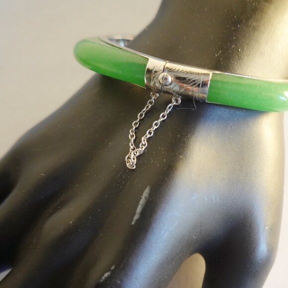 Sterling Silver Green Jade Hinged Bangle Bracelet